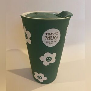 Sunday Morning Ceramics Green Smiley Daisy 18 Ounce Soft Touch Travel Mug NWT